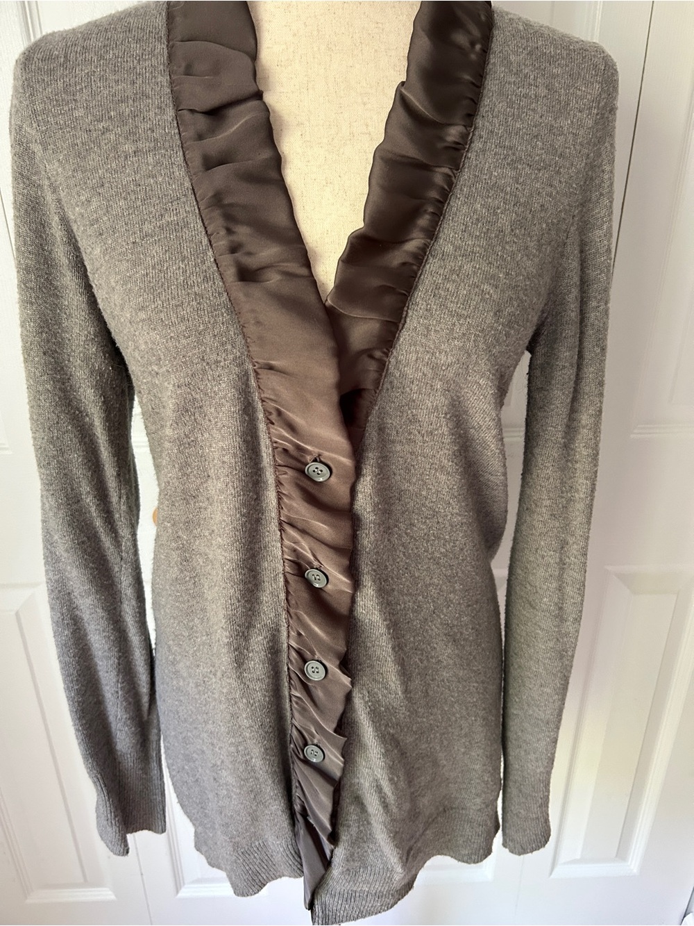 J. Crew Taupe Ruffle-Trim V-Neck Cardigan - Picture 2 of 6